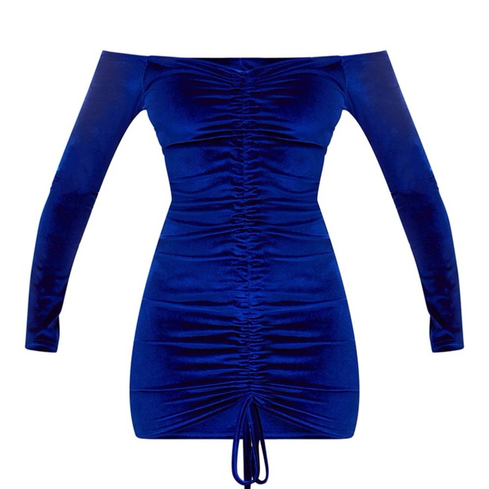 BLUE VELVET BARDOT LONG SLEEVE RUCHED BODYCON DRESS